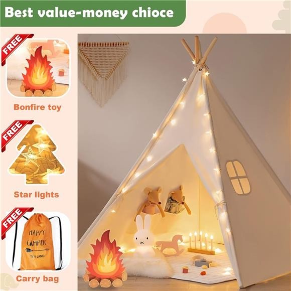 Kids-Teepee-Tent with Lights & Campfire Toy & Carry Case Cotton Canvas Toddler - Picture 4 of 7